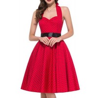 Women's Going out Vintage A Line Dress,Polka Dot Halter Knee-length Sleeveless Red Polyester Summer